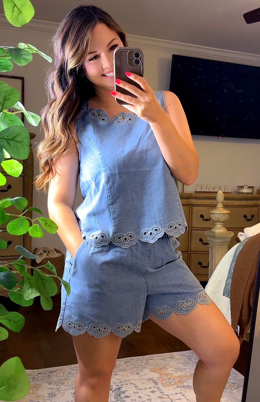 Embroidered Sleeveless Denim Top and Short Set