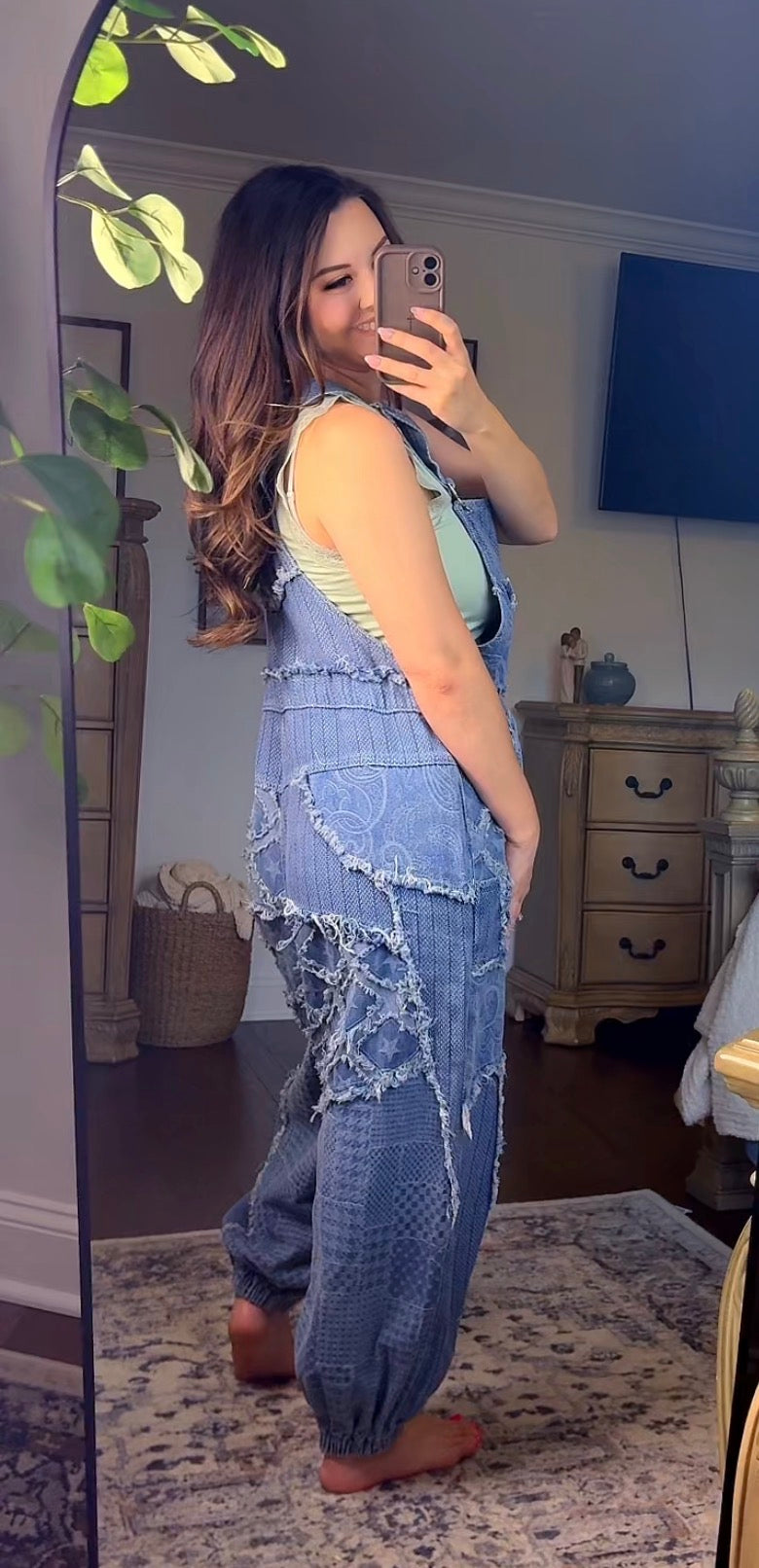POL Vintage-inspired patchwork denim overalls