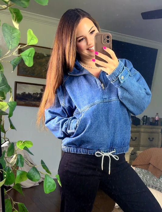 Pullover Drawstring Hem Denim Jacket