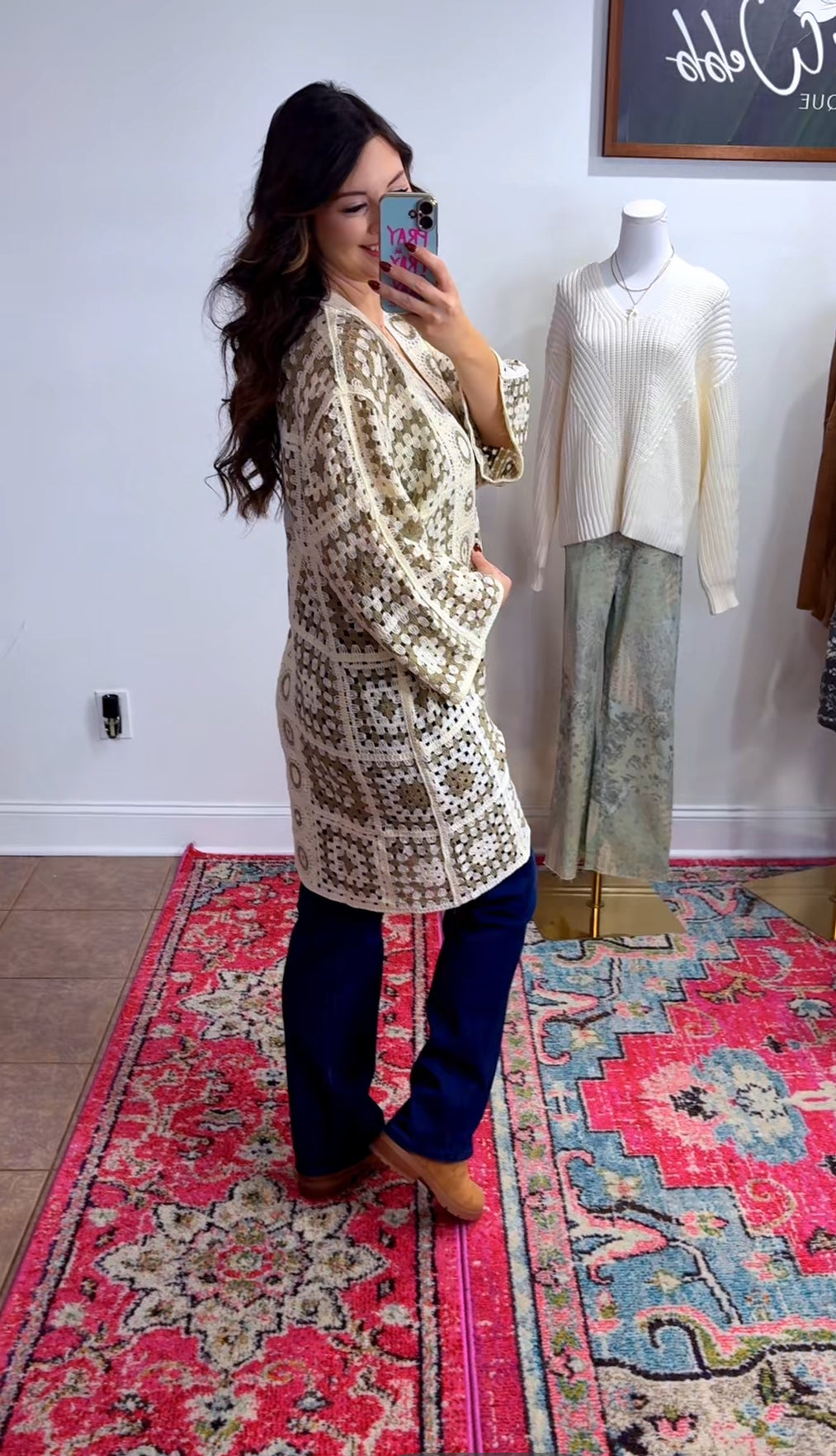 Crochet Knee Length Open Cardigan