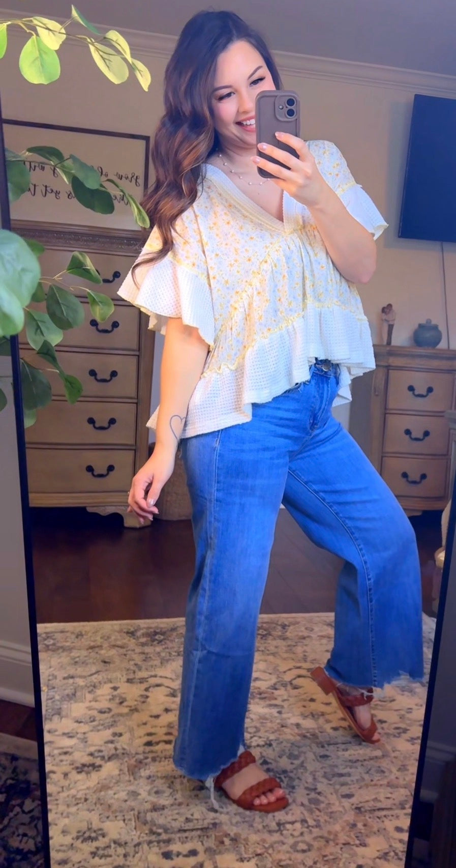 White with floral detail Waffle Knit Top