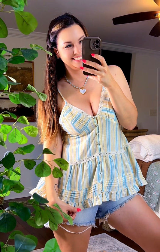 Yellow and Blue Stripe Button Down Tank