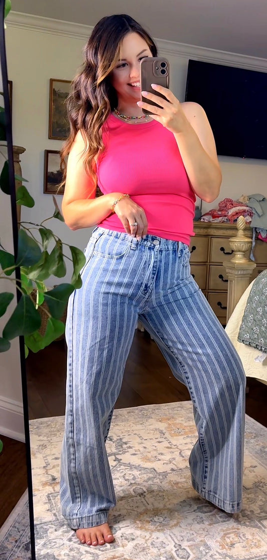 Striped Light Wash Straight Denim Jeans