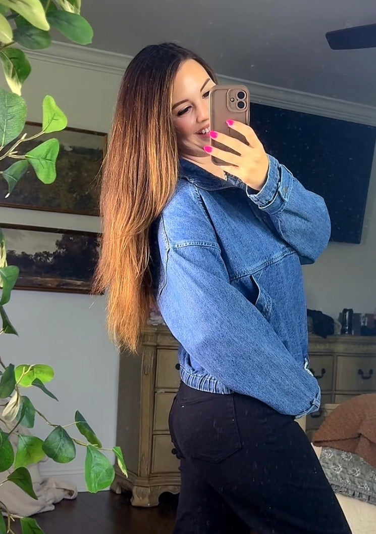 Pullover Drawstring Hem Denim Jacket