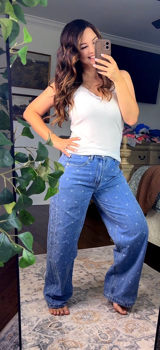 Polka Dot Straight Denim Pants
