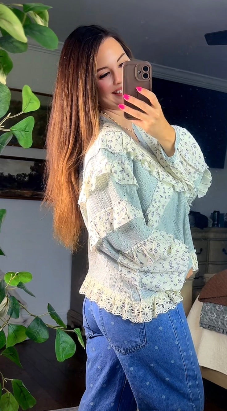 Eyelet Embroidery Ruffle Accents Top