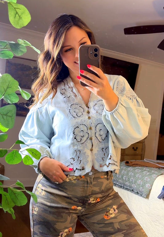Denim Embroidery Volume Sleeve Top