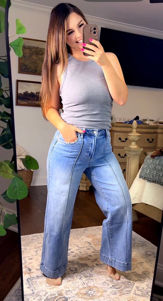 Tummy Control Mid Rise Ankle Wide Flare Jeans