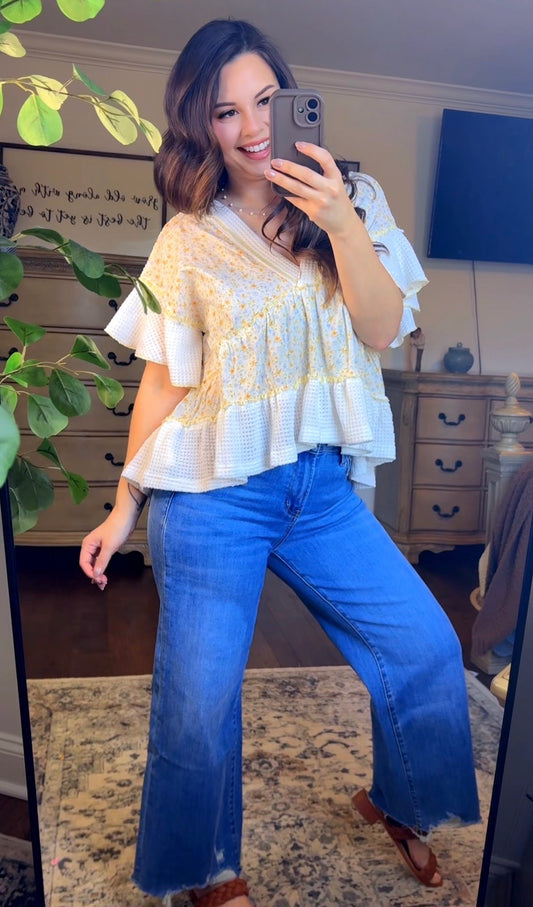 White with floral detail Waffle Knit Top