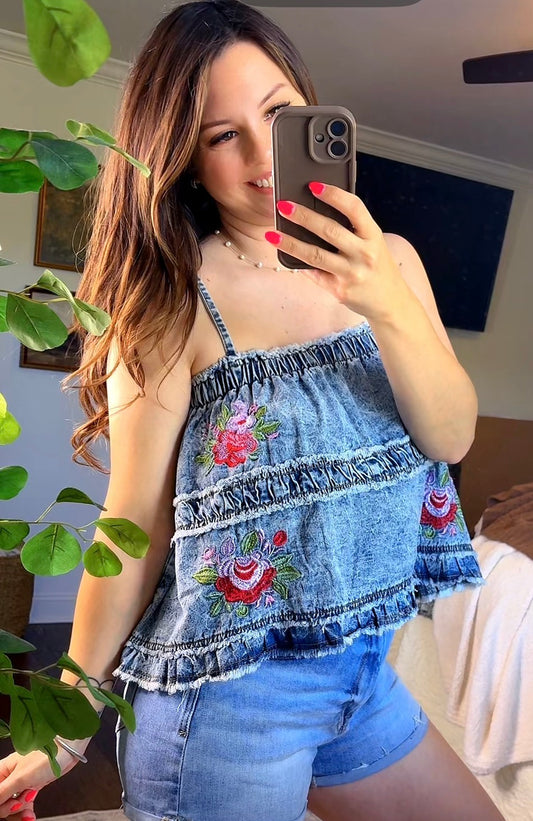 Denim with Floral Embroidery Top