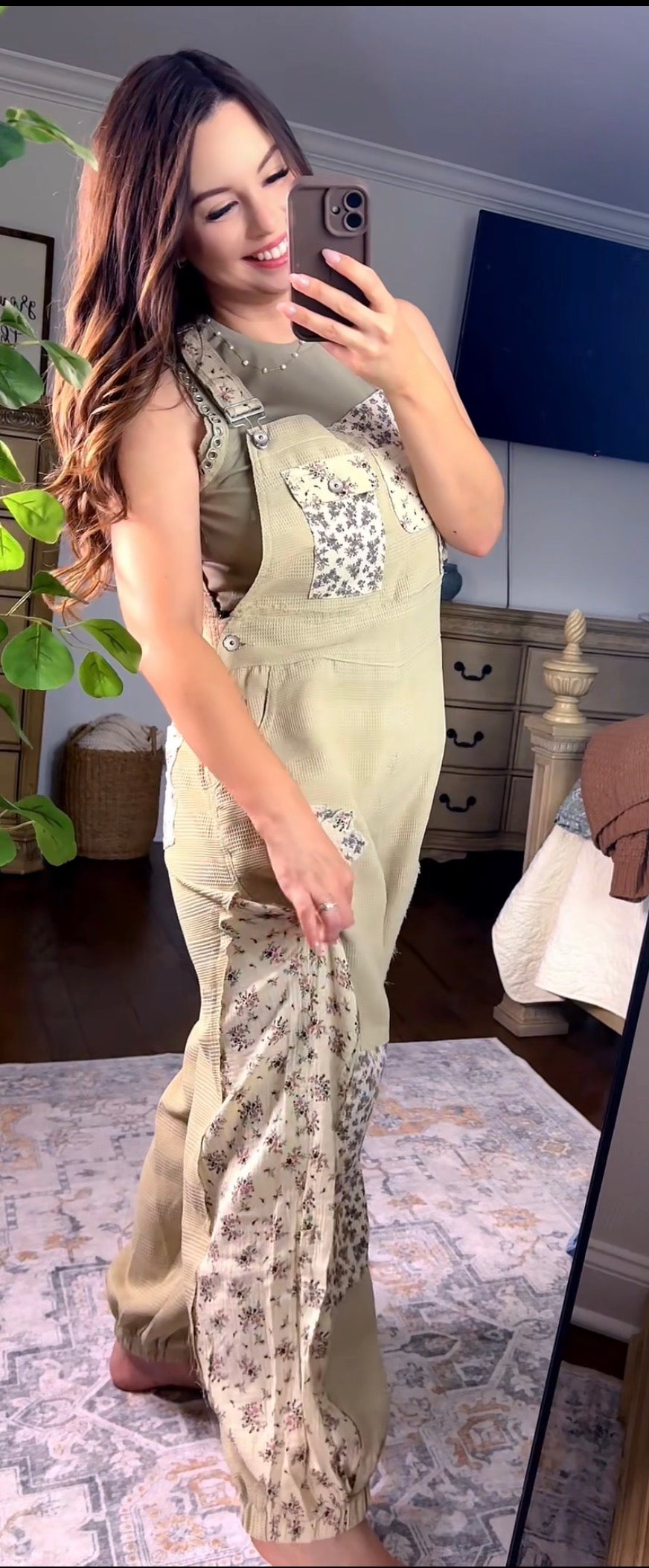 Taupe Floral POL Overalls
