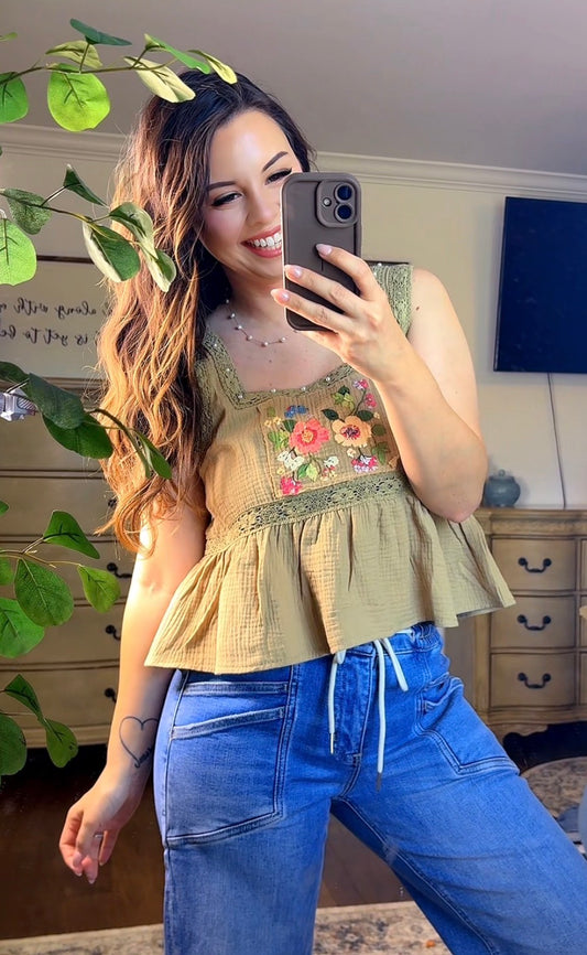 Square Neck Pearl Detail Floral Tank