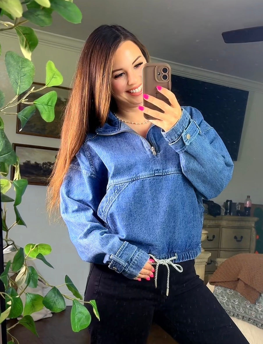 Pullover Drawstring Hem Denim Jacket