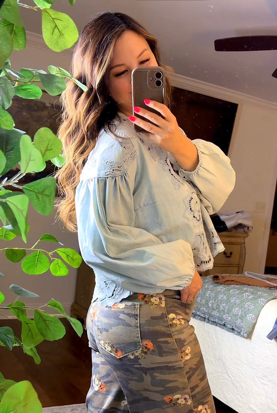 Denim Embroidery Volume Sleeve Top