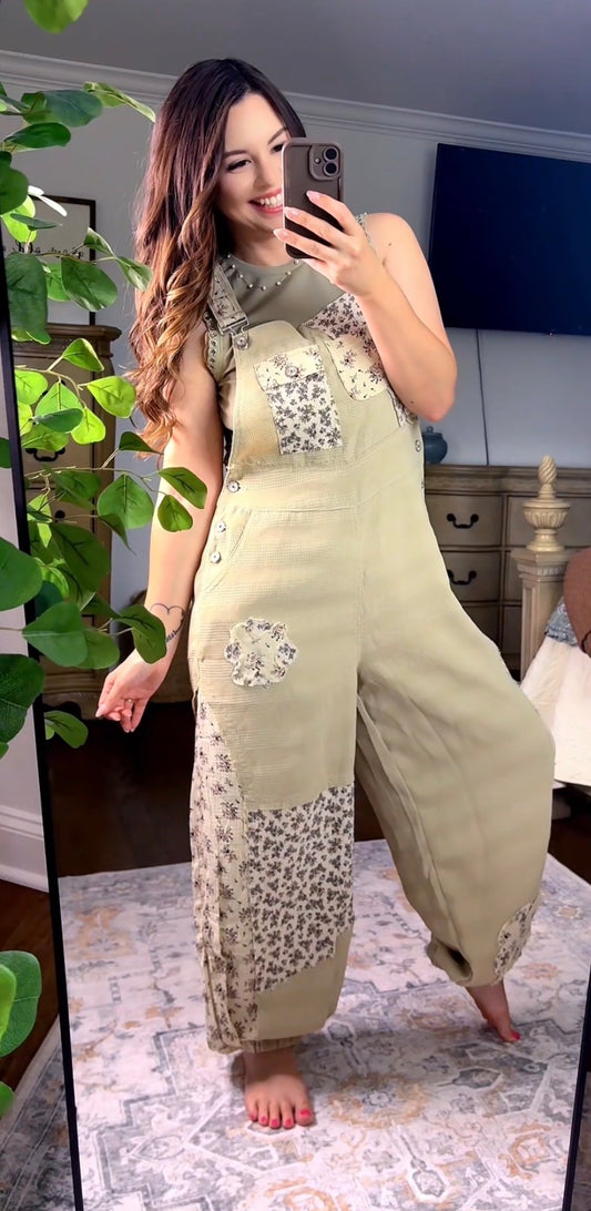 Taupe Floral  POL Overalls