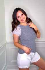 Grey Round-Neck Ribbed Cap Sleeve