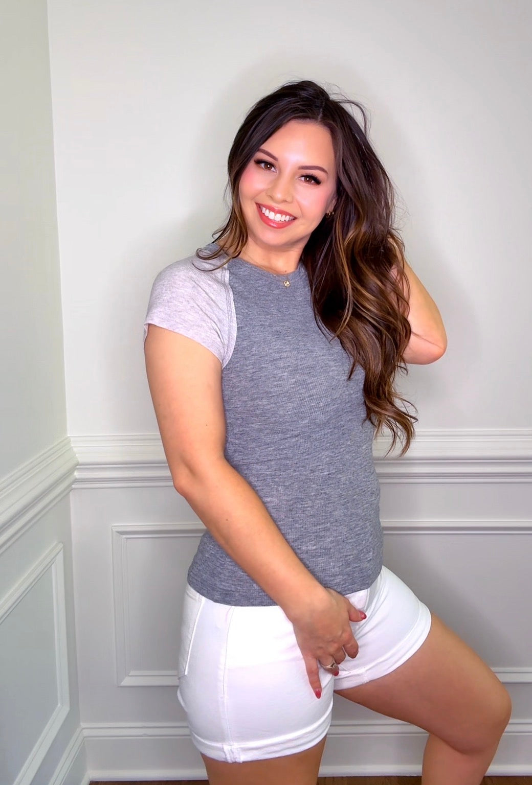 Grey Round-Neck Ribbed Cap Sleeve