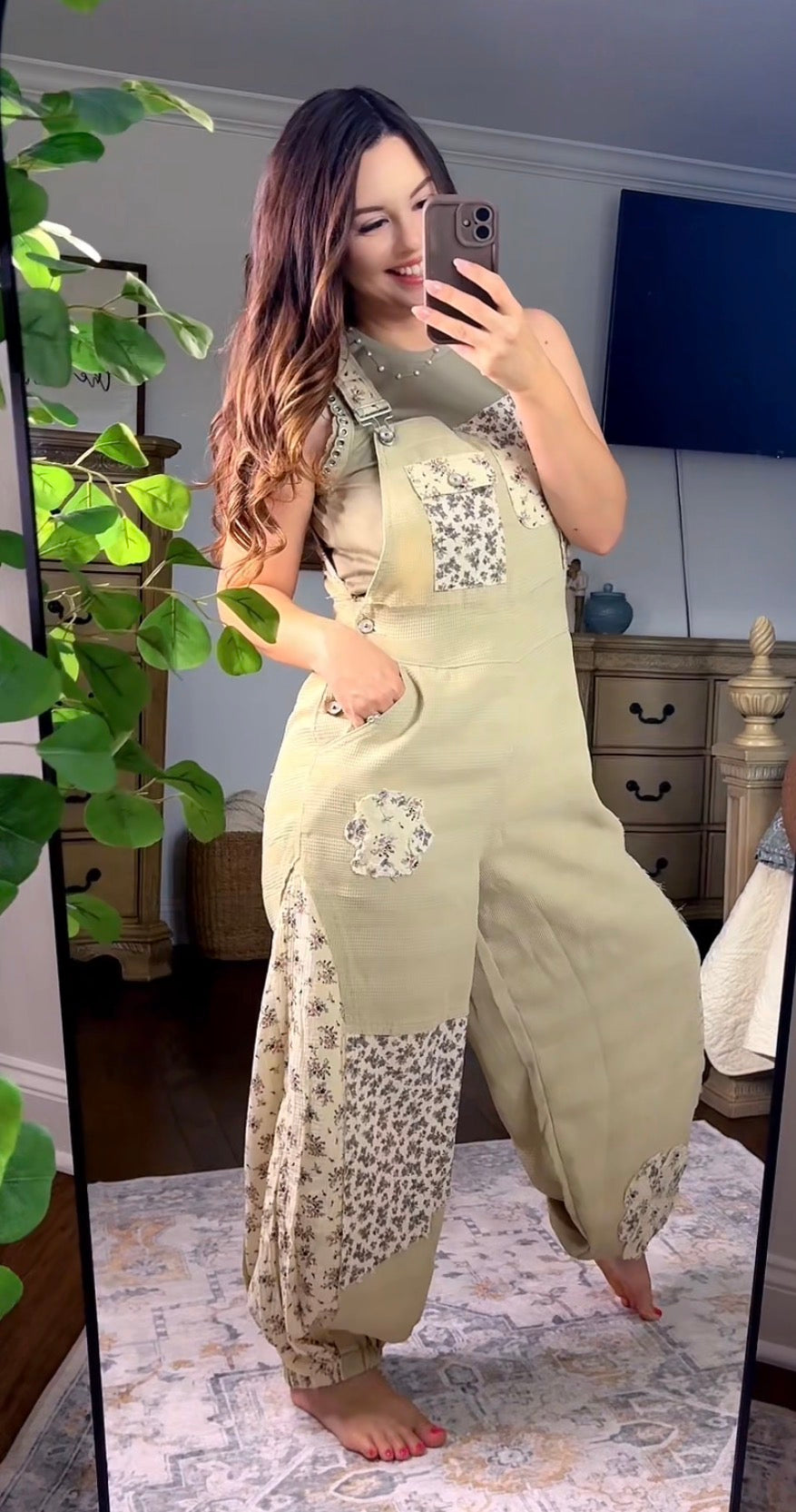 Taupe Floral  POL Overalls