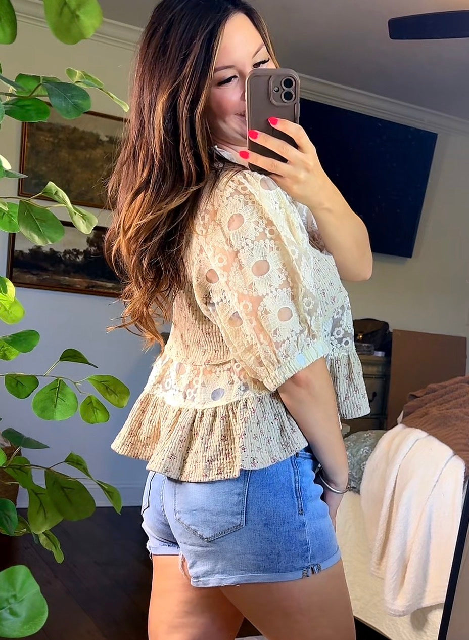 Printed Rib Fabric Half balloon sleeves Top (2 colors)