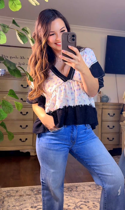 Black Pol Floral Ruffle Top