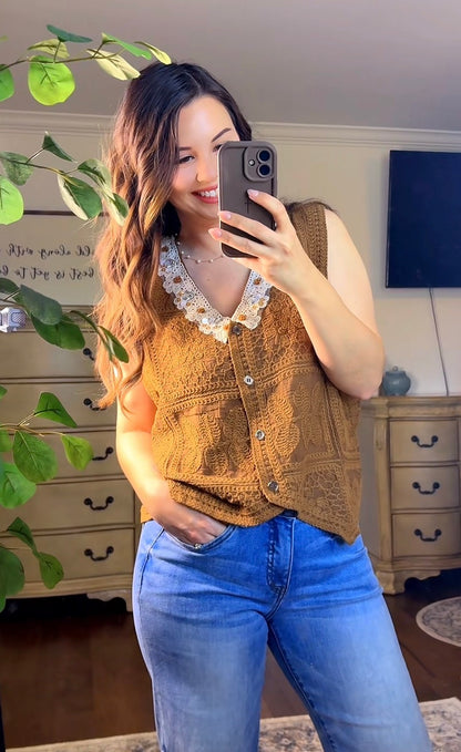 Crochet Floral Button Down Vest
