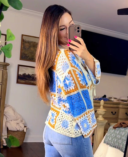 POL Blue Multi Color Crochet Cardigan