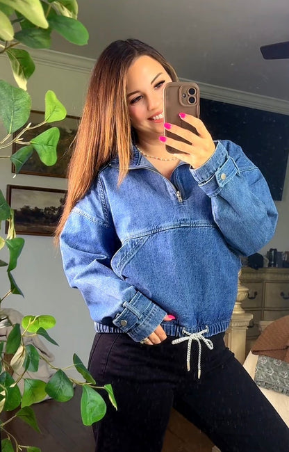 Pullover Drawstring Hem Denim Jacket