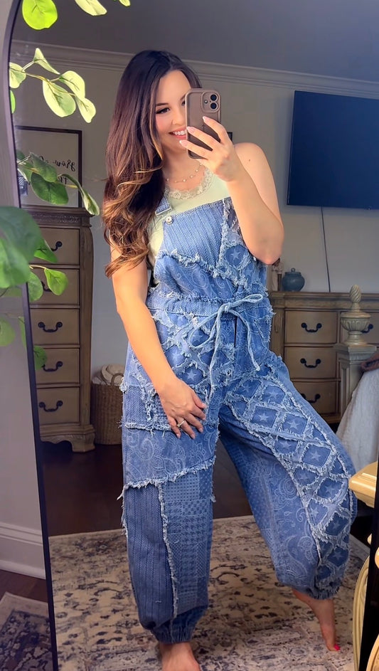 POL Vintage-inspired patchwork denim overalls