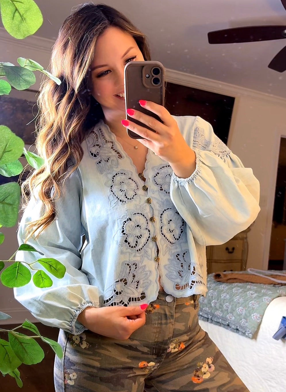 Denim Embroidery Volume Sleeve Top