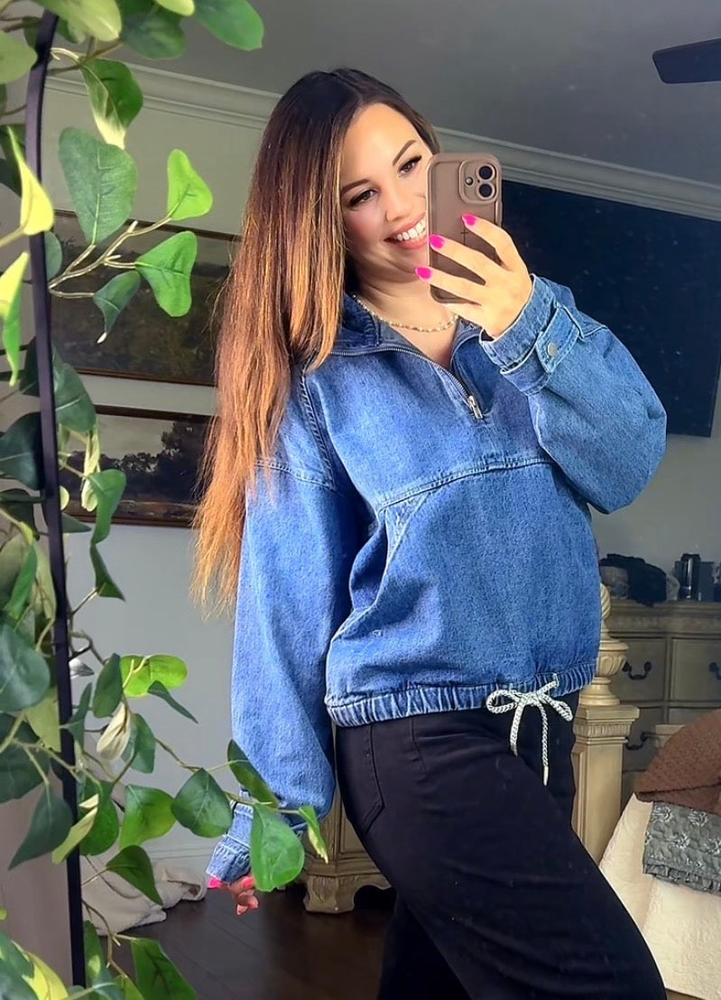 Pullover Drawstring Hem Denim Jacket