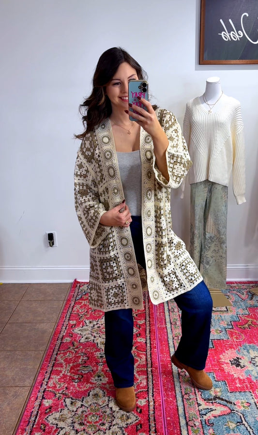 Crochet Knee Length Open Cardigan