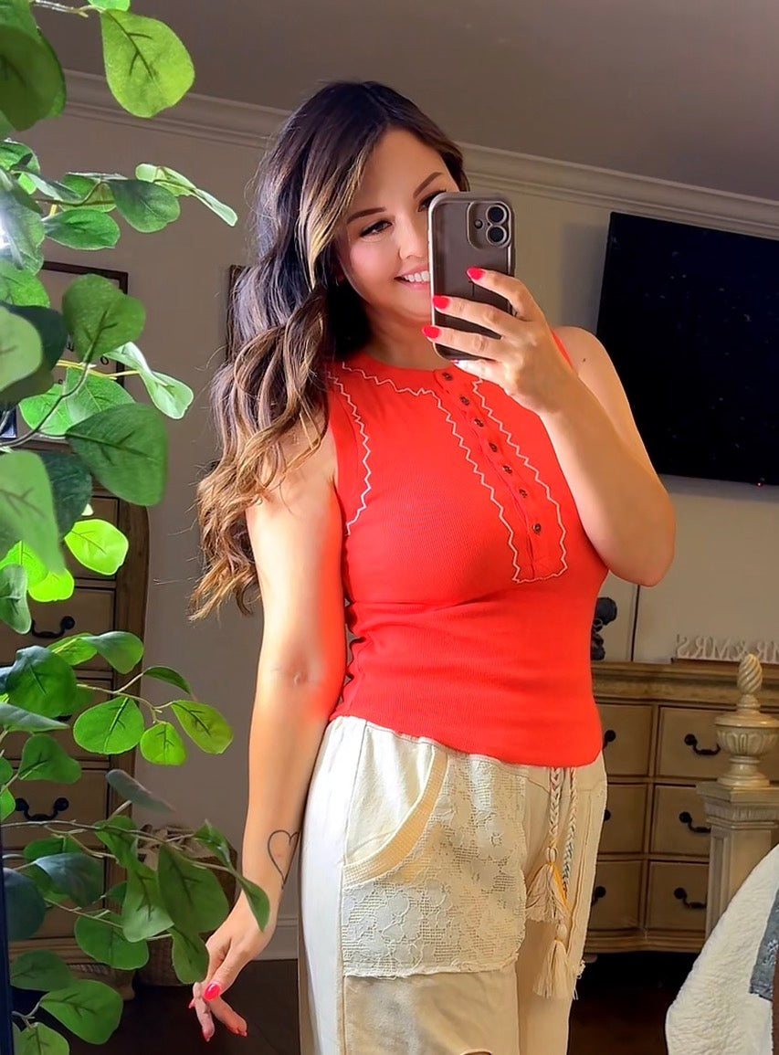 Aaron and Amber Sleeveless Button Down Stitches Rib Knit Top