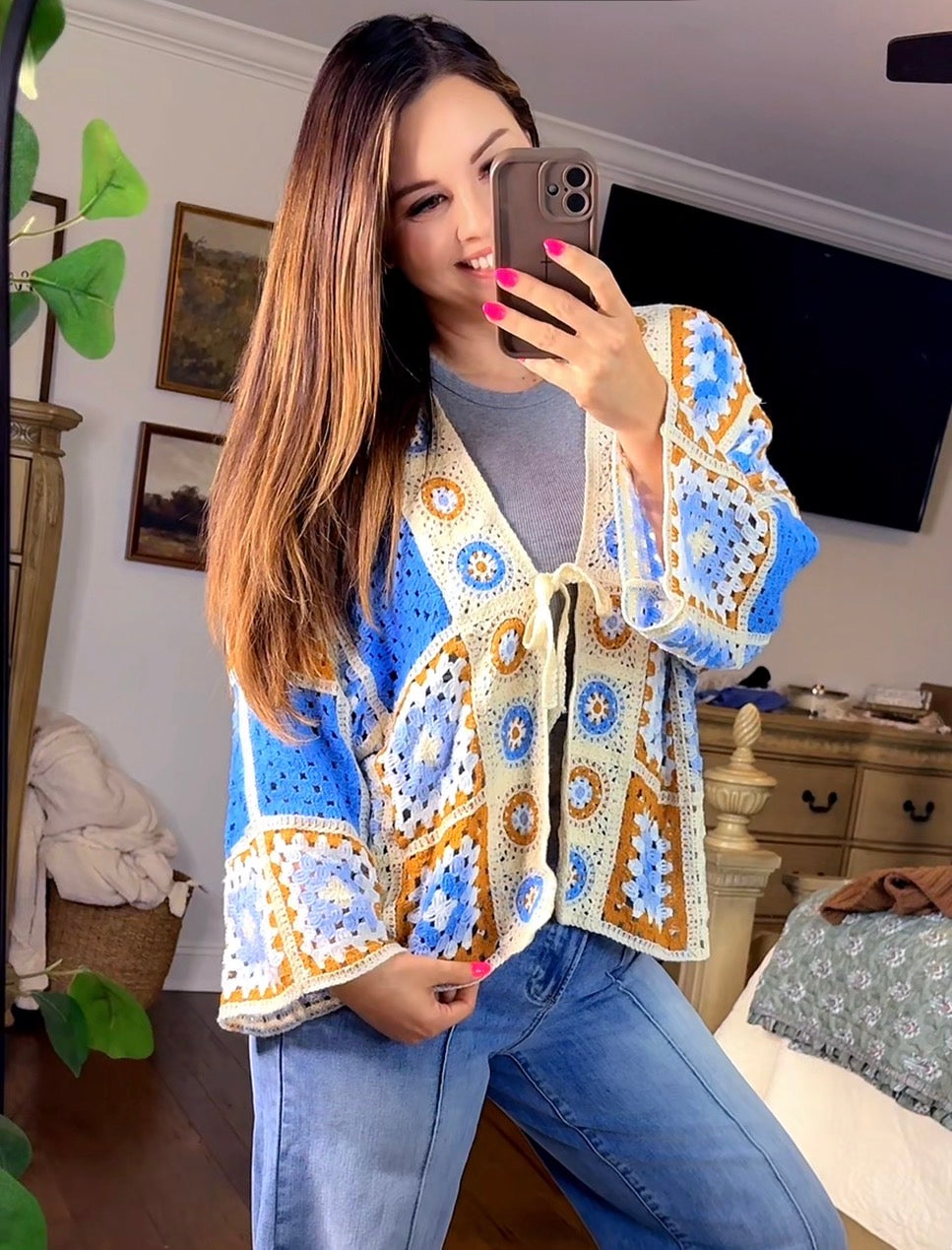 POL Blue Multi Color Crochet Cardigan