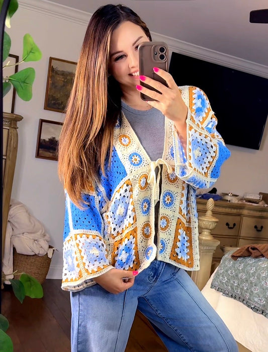 POL Blue Multi Color Crochet Cardigan
