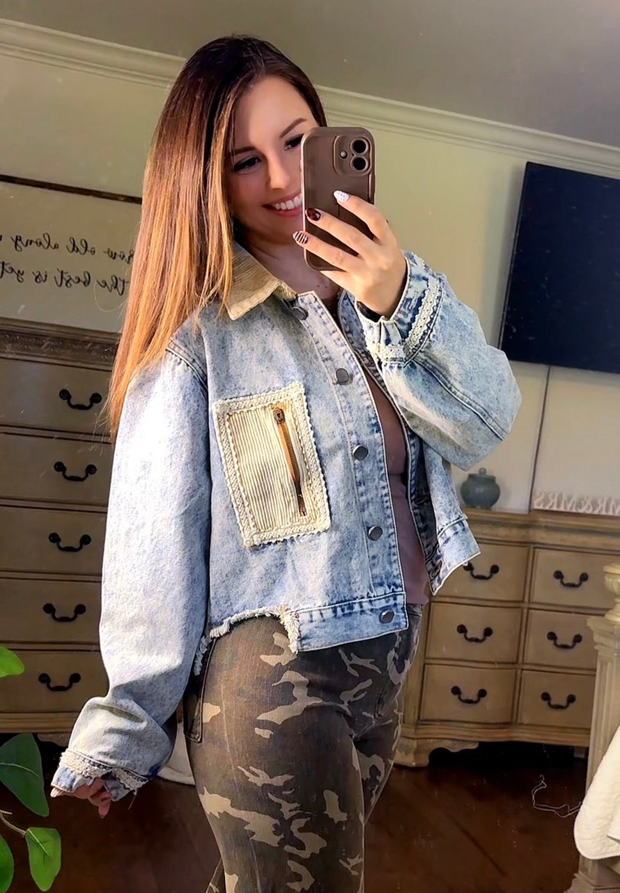 The Free Spirit Corduroy Contrast Denim Jacket- POL