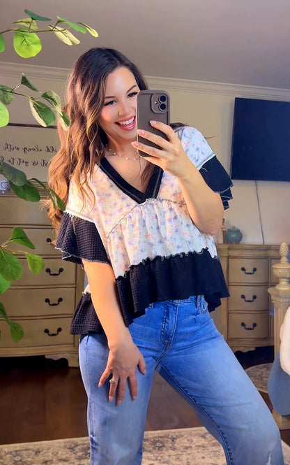 Black Pol Floral Ruffle Top