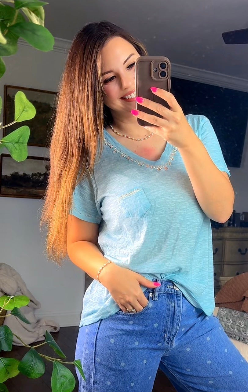 V-neck Contrast Hand-Stitch Detail Top (2 colors)