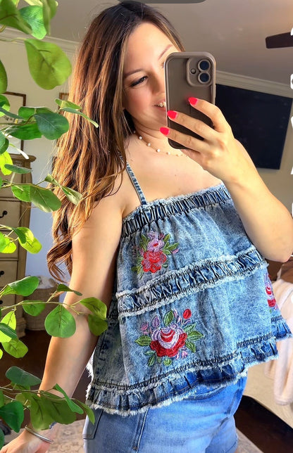 Denim with Floral Embroidery Top