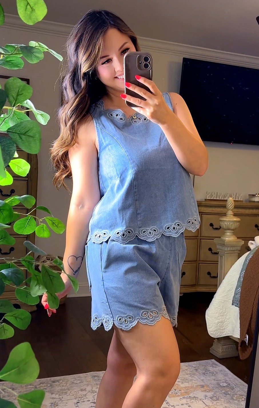 Embroidered Sleeveless Denim Top and Short Set