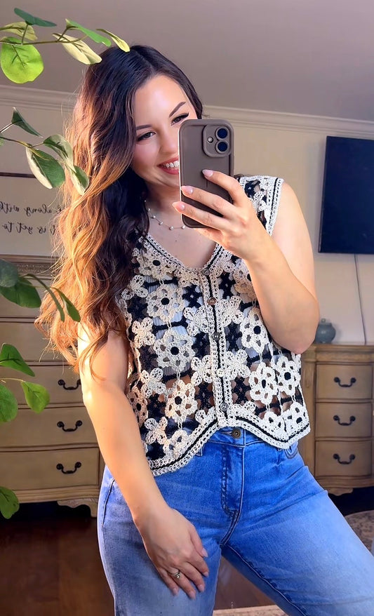 Black and White Floral Crochet V Neck