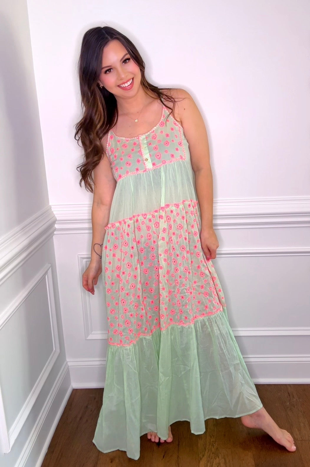 Pol Green with Pink Florals Maxi Dress