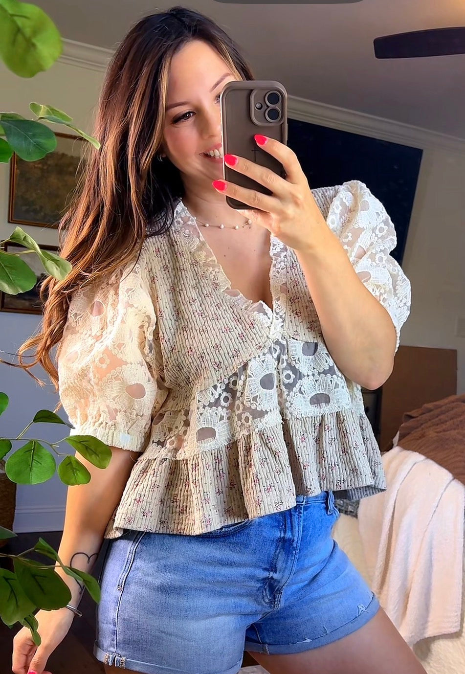Printed Rib Fabric Half balloon sleeves Top FINAL SALE