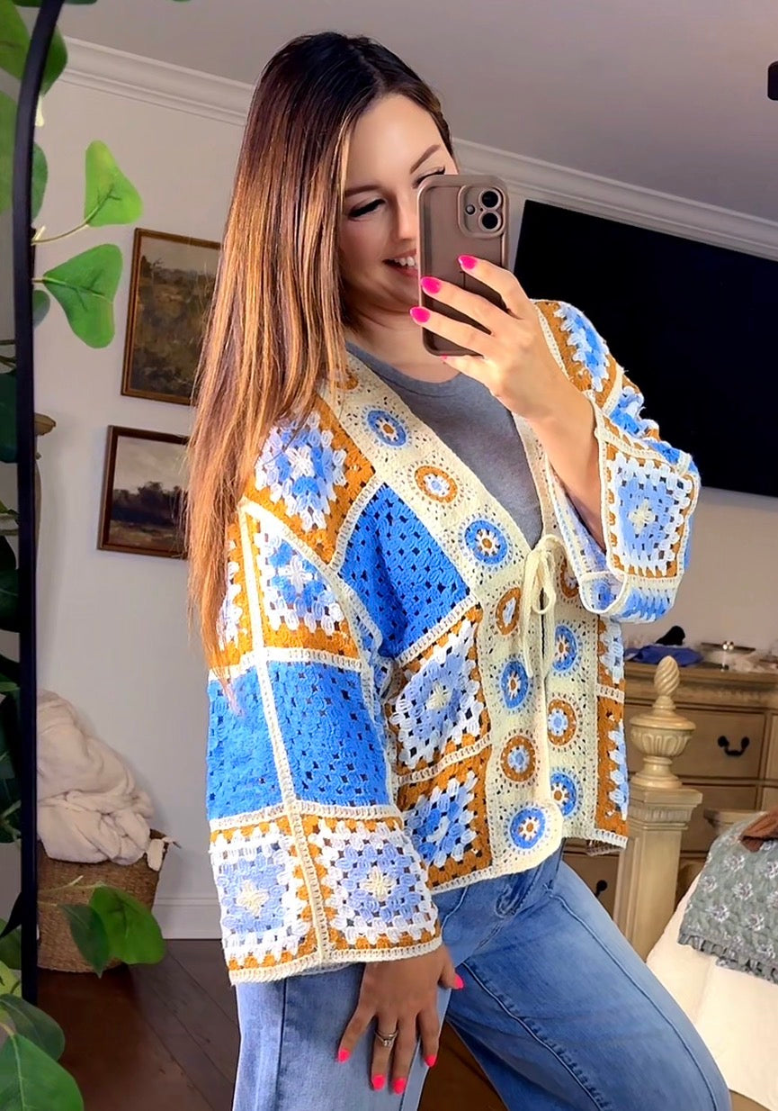 POL Blue Multi Color Crochet Cardigan