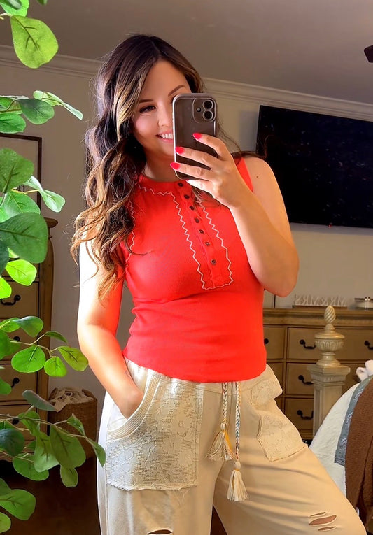Aaron and Amber Sleeveless Button Down Stitches Rib Knit Top