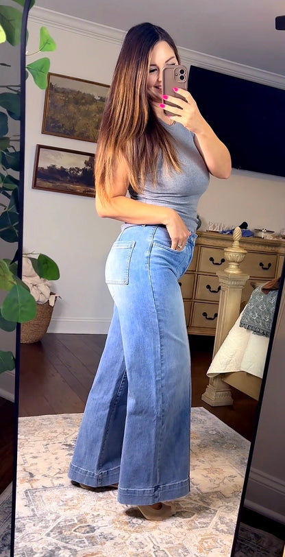 Tummy Control Mid Rise Ankle Wide Flare Jeans