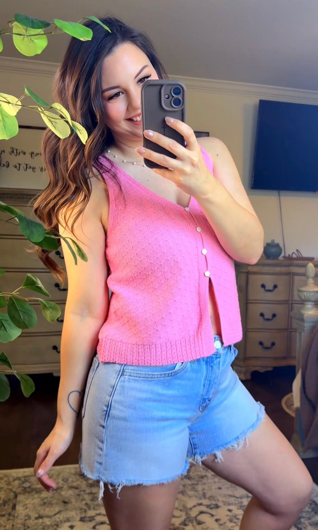 Wishlist Pink Crochet Button Tank
