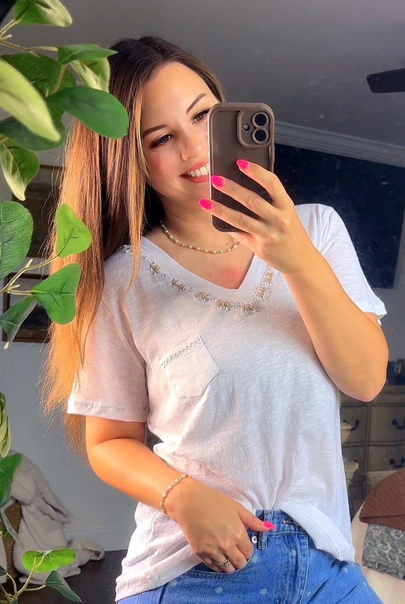 V-neck Contrast Hand-Stitch Detail Top (2 colors)
