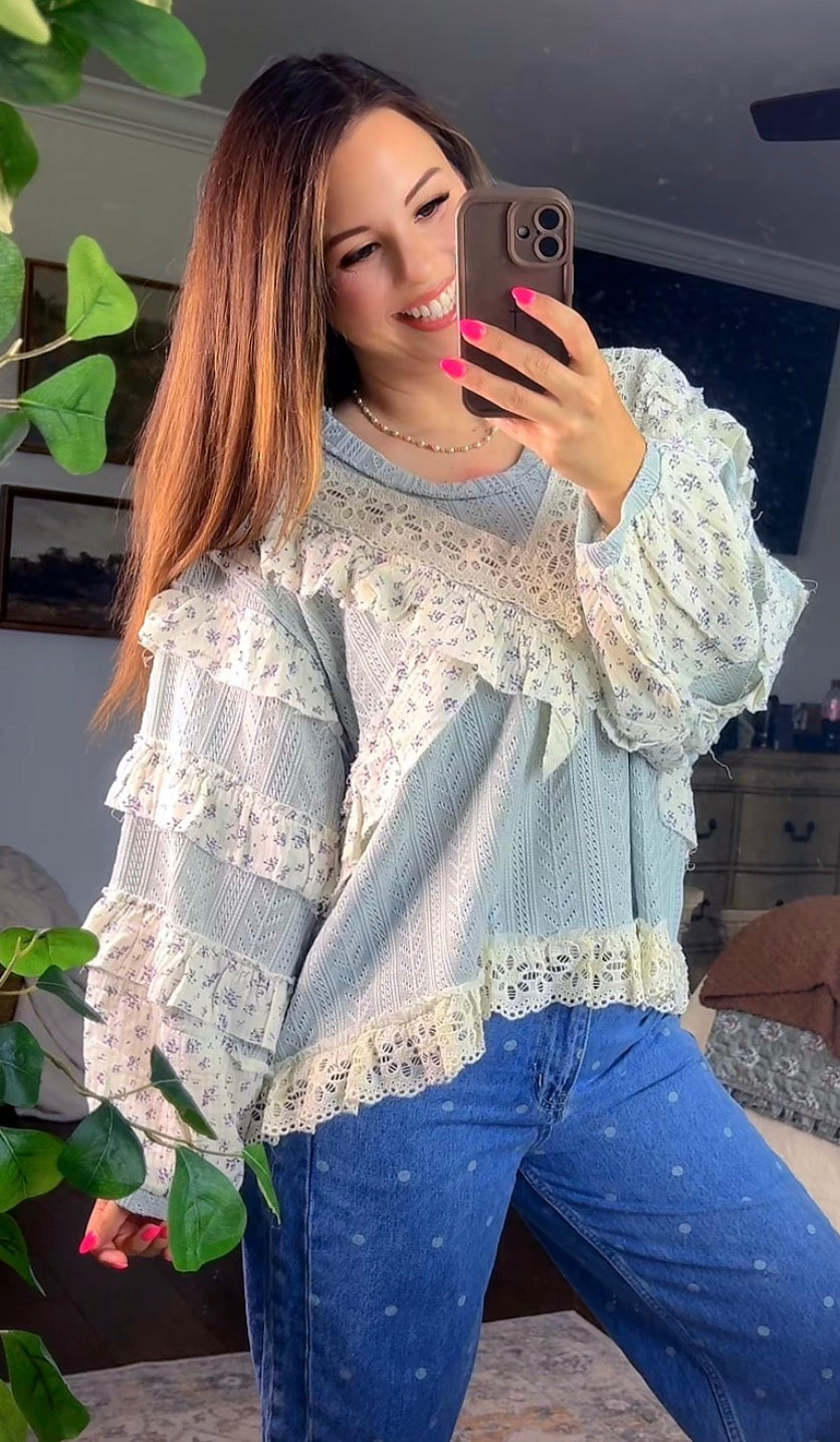 Eyelet Embroidery Ruffle Accents Top