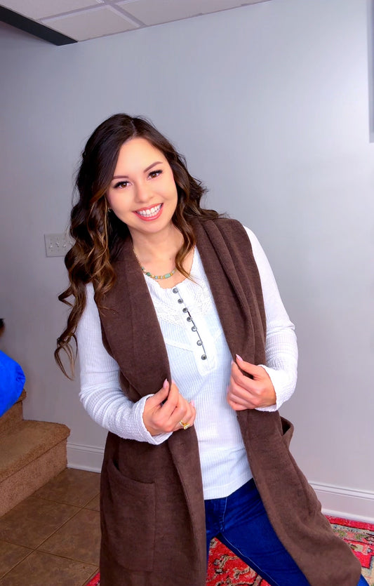 Brushed Knit Shawl Collar Open Long Vest