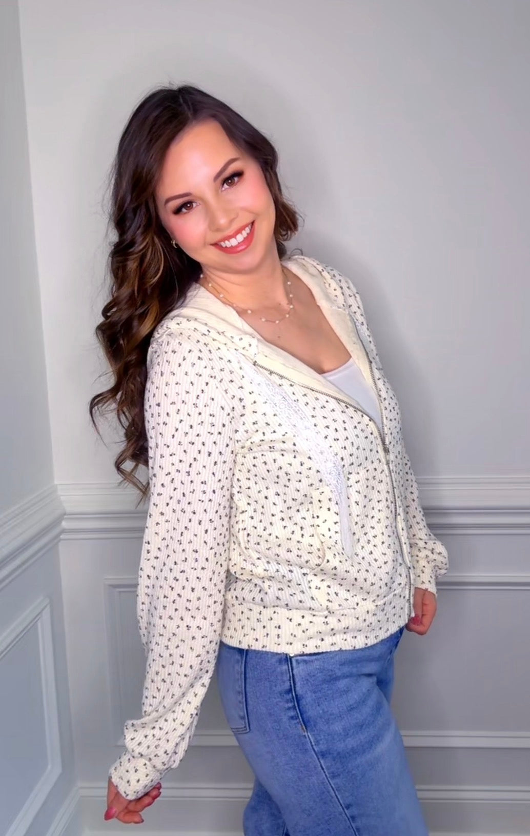 Cream Floral Zip UP Jacket *Final Sale* *NonRefundable*
